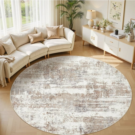 UERMEI 6'x6' Round Area Rugs for Living Room, Washable Non Slip Indoor Rug for Bedroom Home Decor Carpets, Modern Abstract Printed Carpet, Brown