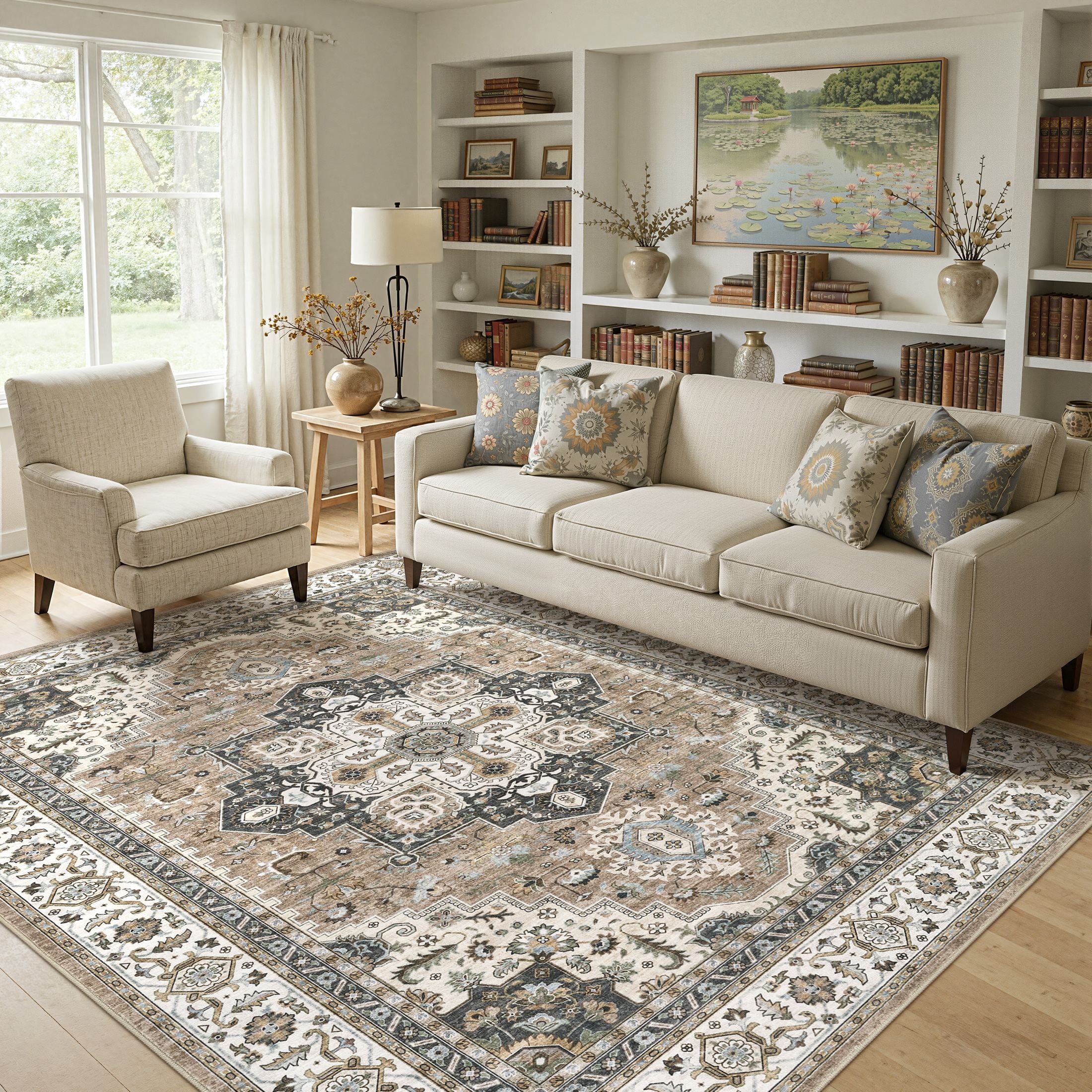UERMEI 6'x9' Area Rugs for Living Room, Non-slip Washable Vintage Indoor Rug for Bedroom Dining Room Office, Soft Low Pile Floral Rug Home Decor Carpet, Brown Beige