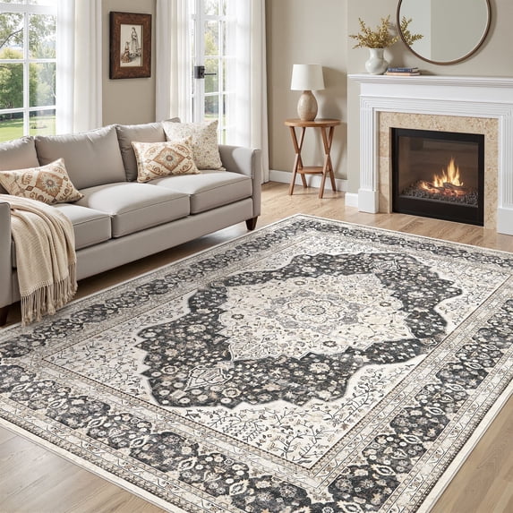 UERMEI 6'x9' Washable Area Rugs for Living Room, Vintage Floral Boho Printed Carpet, Non Slip Indoor Rug for Bedroom Home Decor Carpets - Black