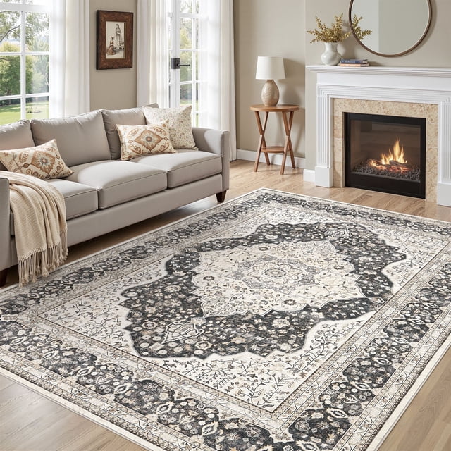 UERMEI 6'x9' Washable Area Rugs for Living Room, Vintage Floral Boho Printed Carpet, Non Slip Indoor Rug for Bedroom Home Decor Carpets - Black