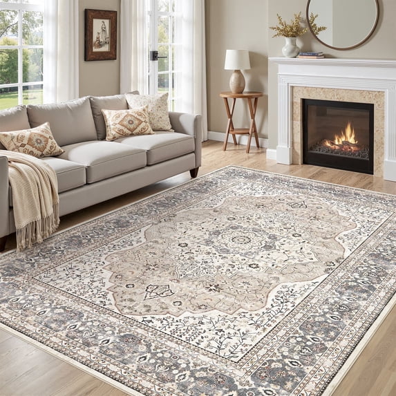 UERMEI 6'x9' Washable Area Rugs for Living Room, Vintage Floral Boho Printed Carpet, Non Slip Indoor Rug for Bedroom Home Decor Carpets - Camel