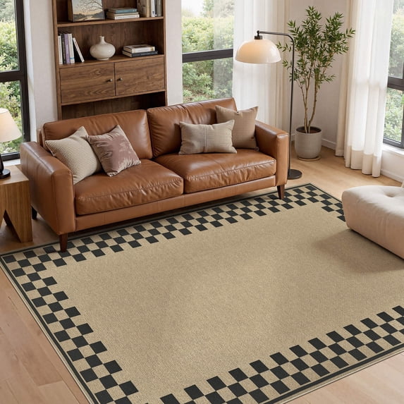UERMEI 6'x9' Easy Jute Area Rug, Large Washable Rugs for Living Room, Checkerboard Indoor Outdoor Carpet Non Slip, Modern Geometric Farmhouse Checkered Carpet for Dining Room Apartment,Black