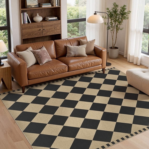 UERMEI 6'x9' Easy Jute Area Rug, Large Washable Rugs for Living Room, Checkerboard Indoor Outdoor Carpet Non Slip, Modern Geometric Farmhouse Checkered Carpet for Dining Room Apartment,Black