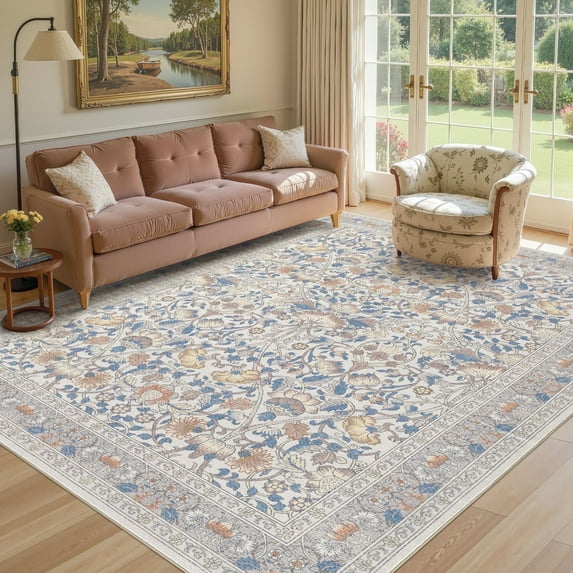 UERMEI 6x9 Area Rugs for Living Room, Indoor Washable Rug, Floral Area Rugs for Bedroom Home Office Decor Dining Room Carpets, Non Slip Low Pile - Beige/Blue/Brown