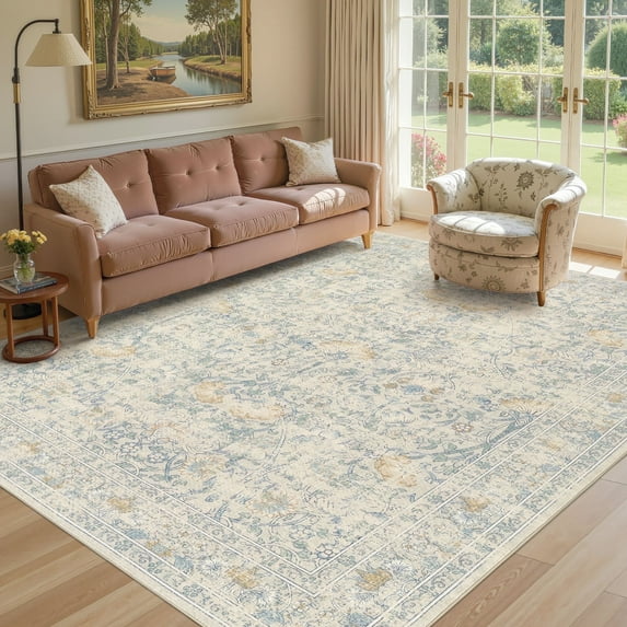 UERMEI 6x9 Area Rugs for Living Room, Indoor Washable Rug, Floral Area Rugs for Bedroom Home Office Decor Dining Room Carpets, Non Slip Low Pile - Blue/Beige/Yellow(Distressed)