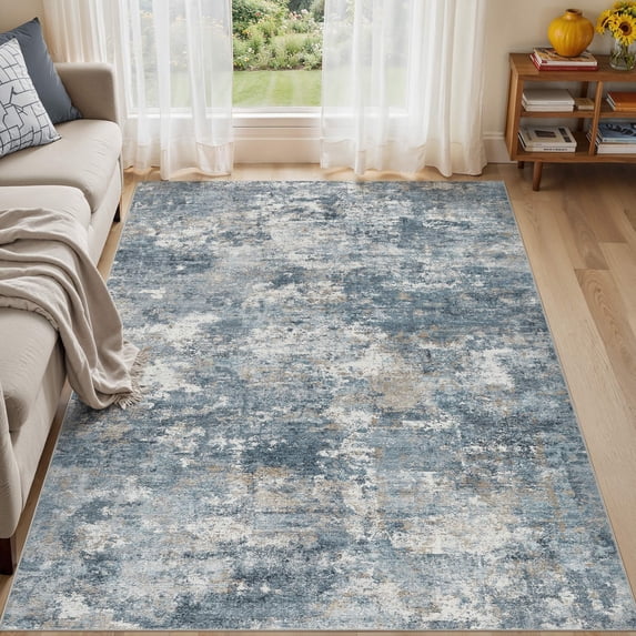 UERMEI 6'x9' Washable Area Rugs for Living Room, Modern Abstract Printed Carpet, Non Slip Indoor Rug for Bedroom Home Decor Carpets, Blue/Brown
