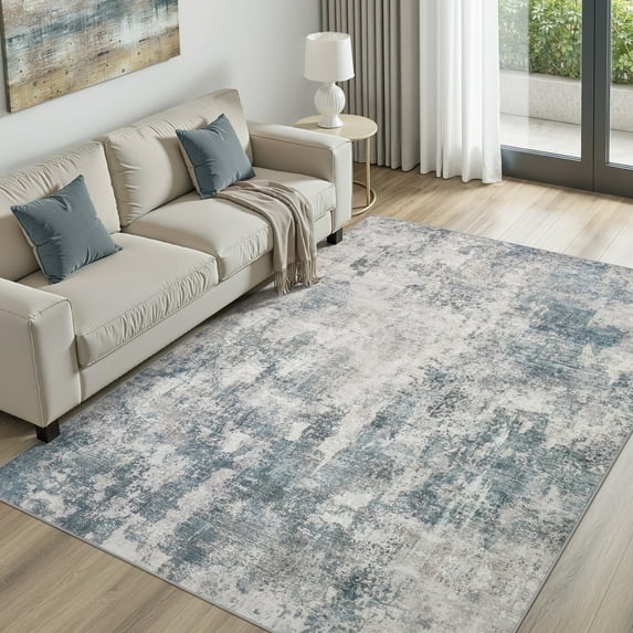 UERMEI 6x9 Washable Area Rugs for Living Room, Modern Abstract Printed Rug, Vacuum-Friendly, Non Slip Indoor Rug for Bedroom Dining Room Home Decor Carpet, Dark Blue/Gray