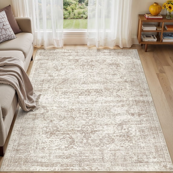 UERMEI 6'x9 Washable Area Rugs for Living Room, Modern Abstract Printed Carpet, Non Slip Indoor Rug for Bedroom Home Decor Carpets, Vintage Brown