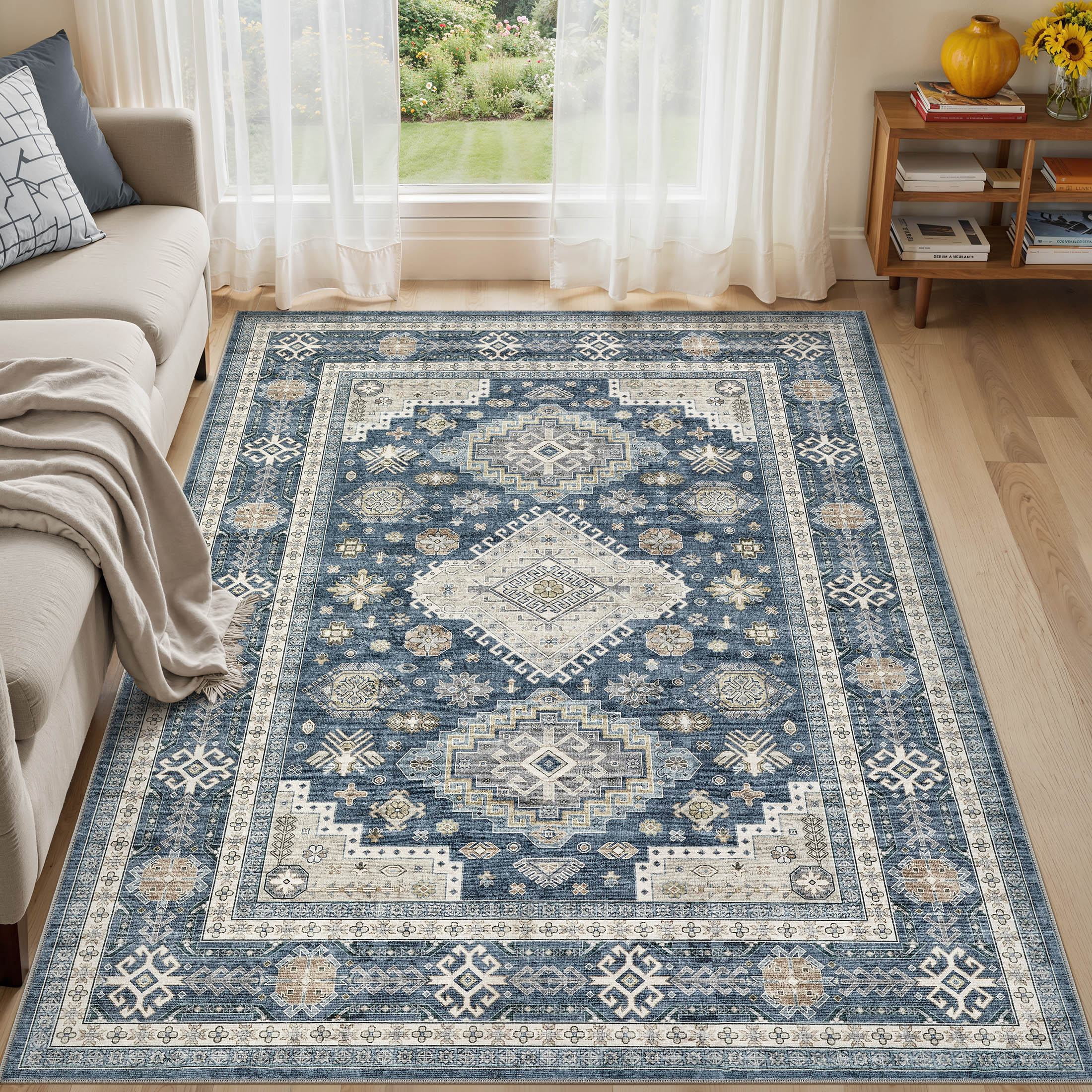UERMEI 6'x9' Washable Area Rugs for Living Room, Modern and Vintage Non Slip Carpet, Low Pile Indoor Rug for Bedroom Home Decor Carpets, Blue