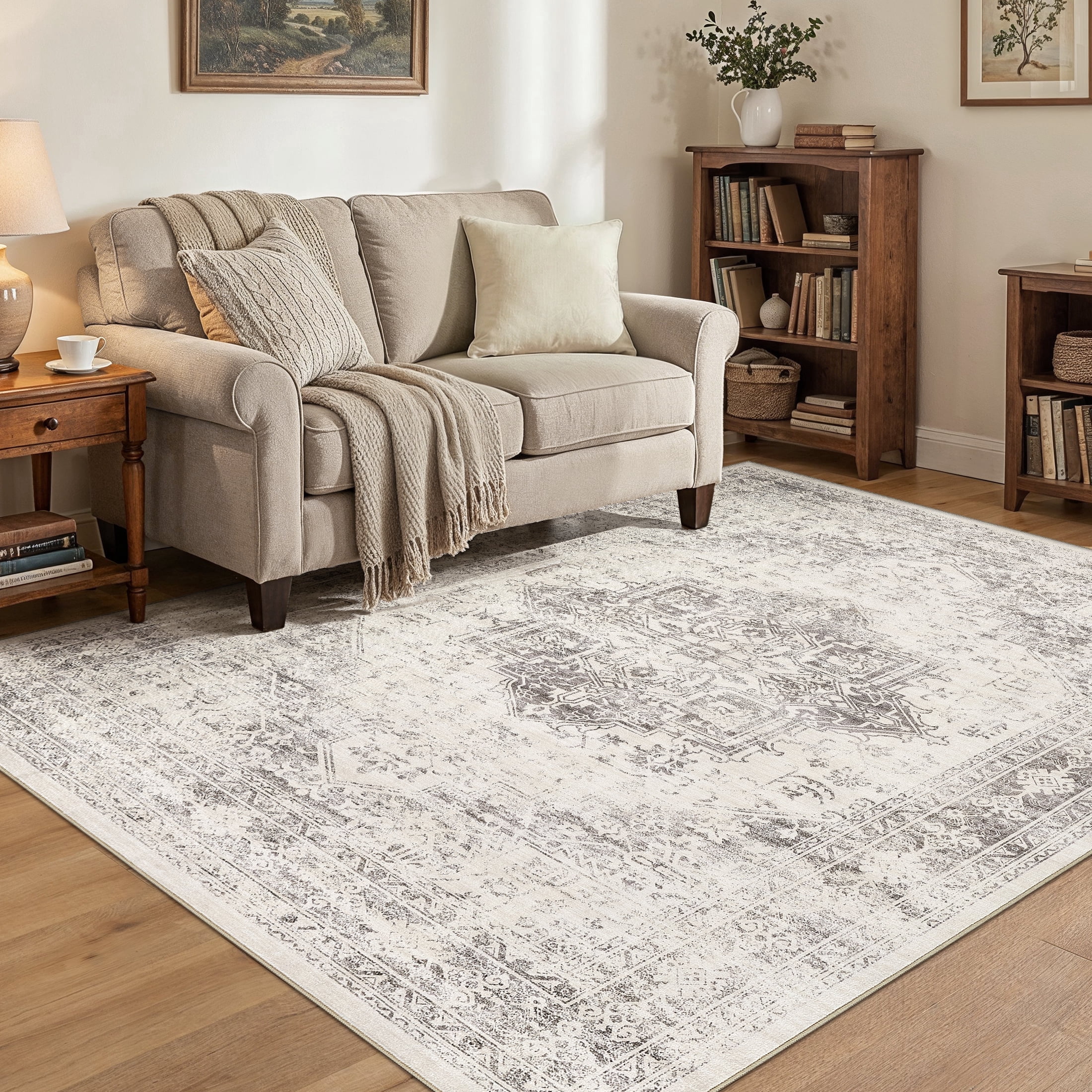 UERMEI 6x9 Washable Area Rugs for Living Room, Modern Vintage Printed Rug, Vacuum-Friendly, Non Slip Indoor Rug for Bedroom Dining Room Home Decor Carpet, Beige