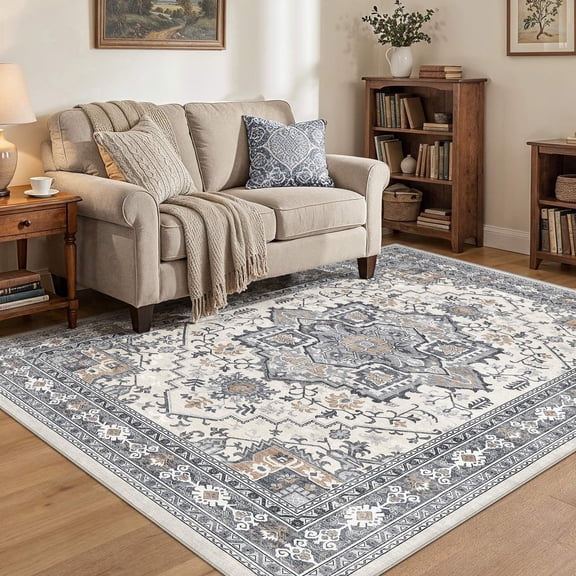 UERMEI 6x9 Washable Area Rugs for Living Room, Modern Vintage Printed Rug, Vacuum-Friendly, Non Slip Indoor Rug for Bedroom Dining Room Home Decor Carpet, Purple gray/Brown