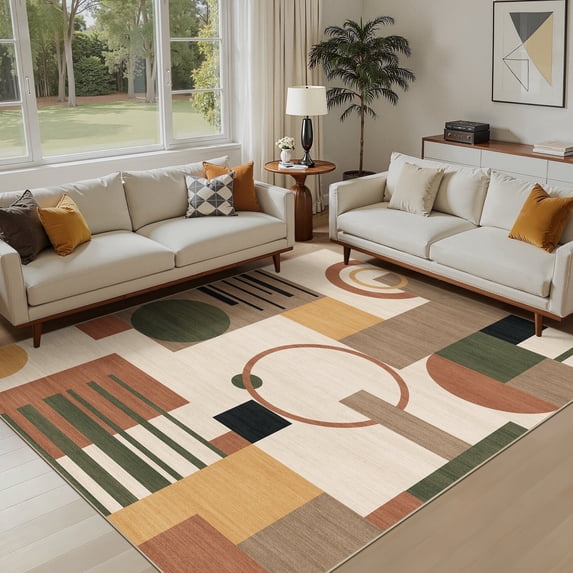 MICGEEK 6x9 Washable Area Rugs for Living Room, Modern Geometric Printed Rug, Vacuum-Friendly, Non Slip Indoor Rug for Bedroom Dining Room Home Decor Carpet, Beige Multi