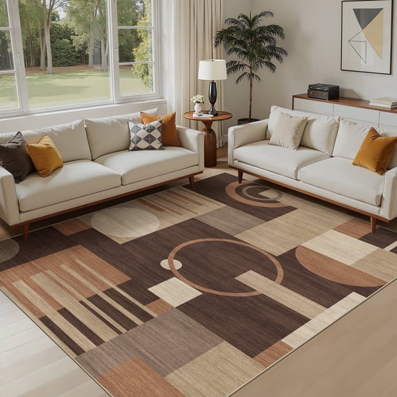 MICGEEK 6x9 Washable Area Rugs for Living Room, Modern Geometric Printed Rug, Vacuum-Friendly, Non Slip Indoor Rug for Bedroom Dining Room Home Decor Carpet, Brown/Beige