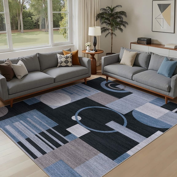 MICGEEK 6x9 Washable Area Rugs for Living Room, Modern Geometric Printed Rug, Vacuum-Friendly, Non Slip Indoor Rug for Bedroom Dining Room Home Decor Carpet, Charcoal Blue