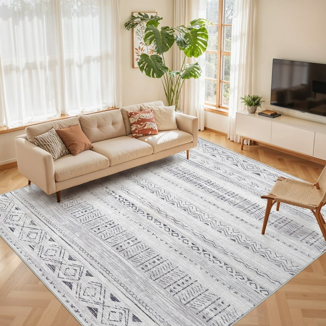 UERMEI 7'x9' Area Rugs for Living Room, Washable Rugs Boho Moroccan Area Rug Soft Neutral Geometric Bohemian Carpet Distressed Indoor Rug for Bedroom Dining Room Office Foldable Nonslip Rug, Gray
