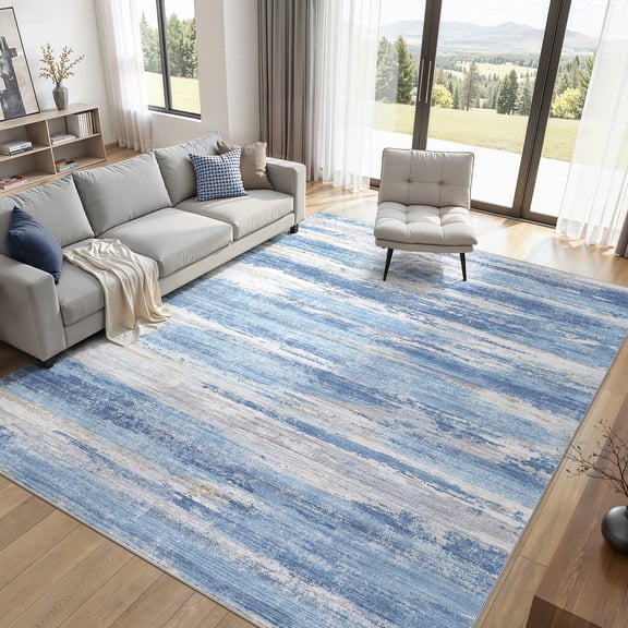 UERMEI 8'x10' Area Rugs for Living Room, Modern Abstract Washable Rug for Bedroom Dining Room Office, Non-Slip Soft Low Pile Home Decor Carpet Accent Rug, Sky Blue