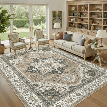 UERMEI 8'x10' Area Rugs for Living Room, Non-slip Washable Vintage Indoor Rug for Bedroom Dining Room Office, Soft Low Pile Floral Rug Home Decor Carpet, Brown Beige