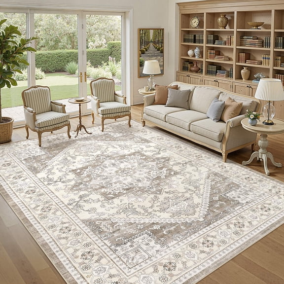 UERMEI 8'x10' Area Rugs for Living Room, Washable Vintage Large Area Rugs for Bedroom Dining Room Office, Retro Soft Low Pile Floral Rug Home Decor Carpet, Camel