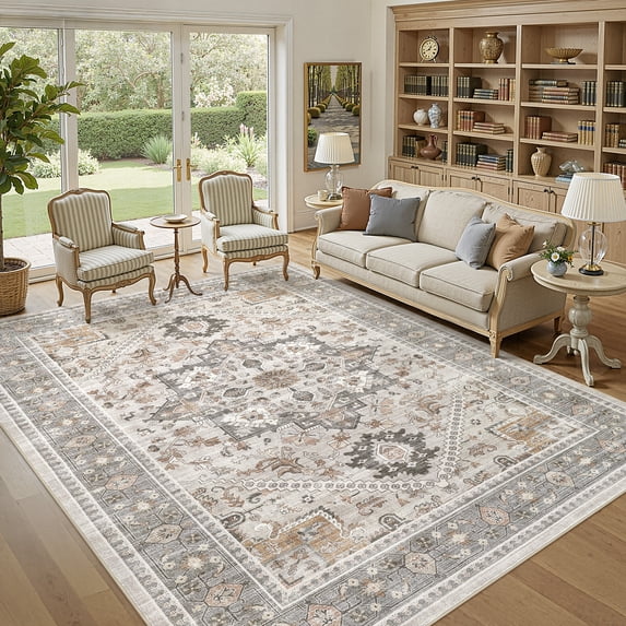 UERMEI 8'x10' Area Rugs for Living Room, Washable Vintage Large Area Rugs for Bedroom Dining Room Office, Retro Soft Low Pile Floral Rug Home Decor Carpet, Gray&Terracotta