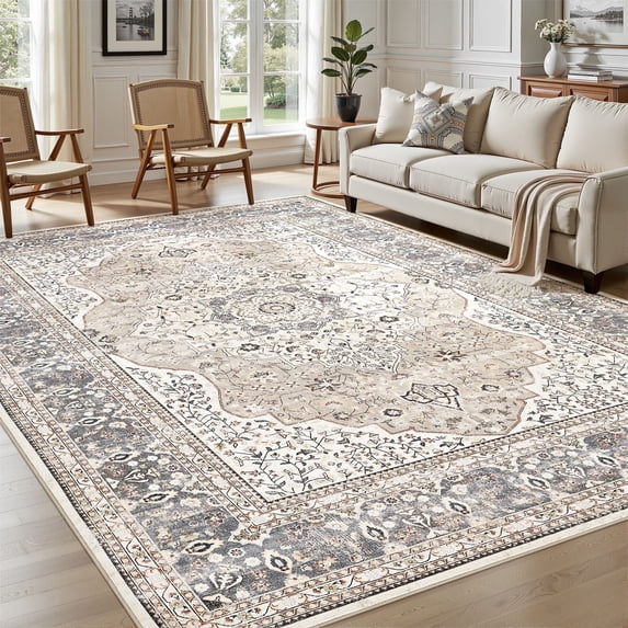 UERMEI 8'x10' Washable Area Rugs for Living Room, Vintage Floral Boho Printed Carpet, Non Slip Indoor Rug for Bedroom Home Decor Carpets - Camel