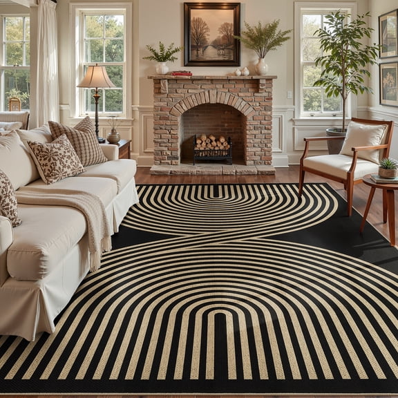 UERMEI 8'x10' Easy Jute Area Rug, Large Washable Living Room Rug, Rainbow Indoor Outdoor Carpet, Modern Geometric Farmhouse Checkered Non Slip Black Carpet for Dining Room Apartment,Black