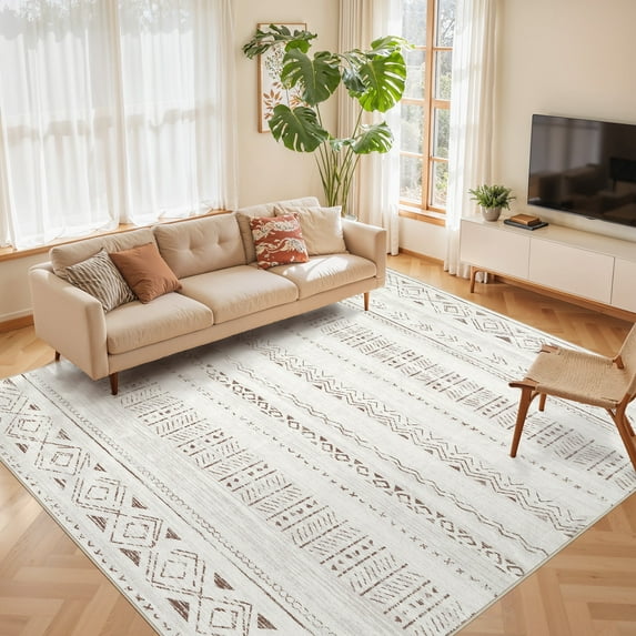 UERMEI 8'x10' Area Rugs for Living Room, Washable Rugs Boho Moroccan Area Rug Soft Neutral Geometric Bohemian Carpet Distressed Indoor Rug for Bedroom Dining Room Office Foldable Nonslip Rug, Brown