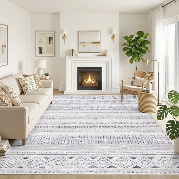 UERMEI 8'x10' Area Rugs for Living Room, Washable Rugs Boho Moroccan Area Rug Soft Neutral Geometric Bohemian Carpet Distressed Indoor Rug for Bedroom Dining Room Office Foldable Nonslip Rug, Gray