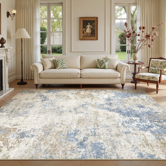 UERMEI 8'x10' Large Area Rugs for Living Room, Washable Non-slip Soft Indoor Modern Abstract Rug for Bedroom Dining Room Office Home Decor Carpet, Blue & Brown