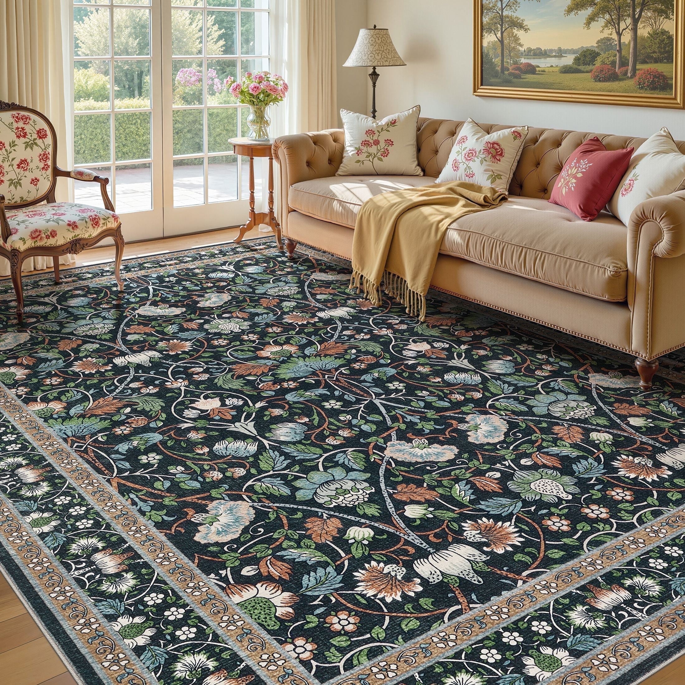 UERMEI 8x10 Large Area Rugs for Living Room, Indoor Washable Rug, Floral Area Rugs for Bedroom Home Office Decor Dining Room Carpets, Non Slip Low Pile - Black/Green/Brown