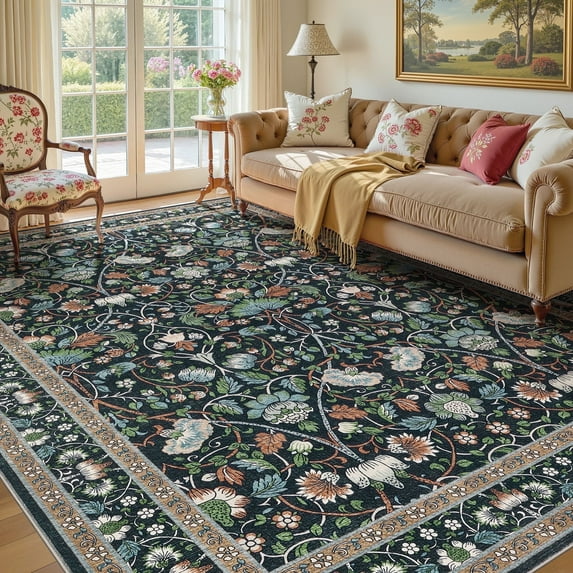 UERMEI 8x10 Large Area Rugs for Living Room, Indoor Washable Rug, Floral Area Rugs for Bedroom Home Office Decor Dining Room Carpets, Non Slip Low Pile - Black/Green/Brown