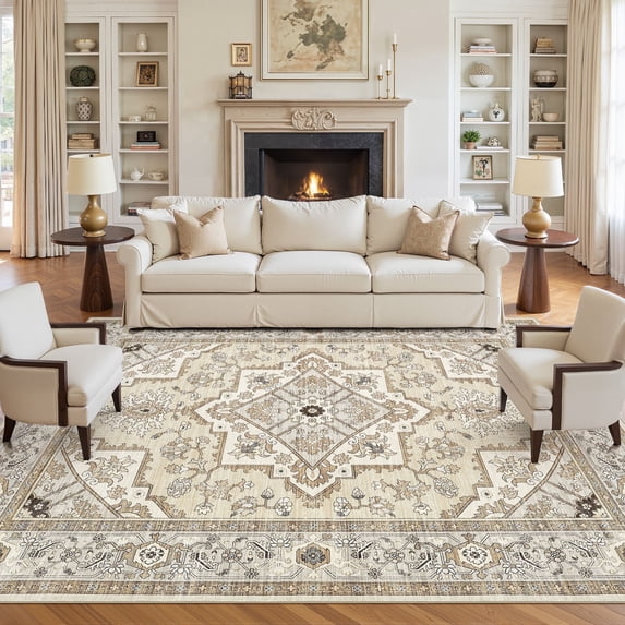 UERMEI 8'x10' Washable Large Area Rugs for Living Room, Vacuum friendly, Vintage Floral Boho Printed Carpet, Non Slip Indoor Rugs for Bedroom Home Decor Carpets, Brown/Cream