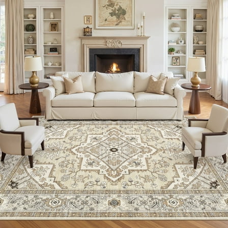 UERMEI 8'x10' Washable Large Area Rugs for Living Room, Vacuum friendly, Vintage Floral Boho Printed Carpet, Non Slip Indoor Rugs for Bedroom Home Decor Carpets, Brown/Cream