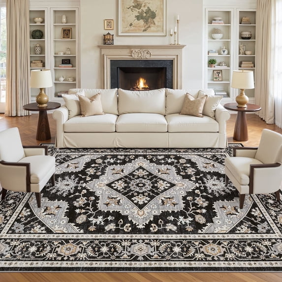 UERMEI 8'x10' Washable Large Area Rugs for Living Room, Vacuum friendly, Vintage Floral Boho Printed Carpet, Non Slip Indoor Rugs for Bedroom Home Decor Carpets, Black/Gray