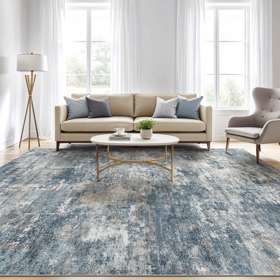 UERMEI 8'x10' Washable Area Rugs for Living Room, Modern Abstract Printed Carpet, Non Slip Indoor Rug for Bedroom Home Decor Carpets, Blue/Brown