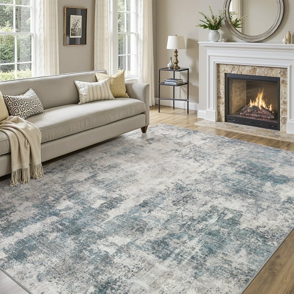 UERMEI 8x10 Washable Area Rugs for Living Room, Modern Abstract Printed Rug, Vacuum-Friendly, Non Slip Indoor Rug for Bedroom Dining Room Home Decor Carpet, Dark Blue/Gray