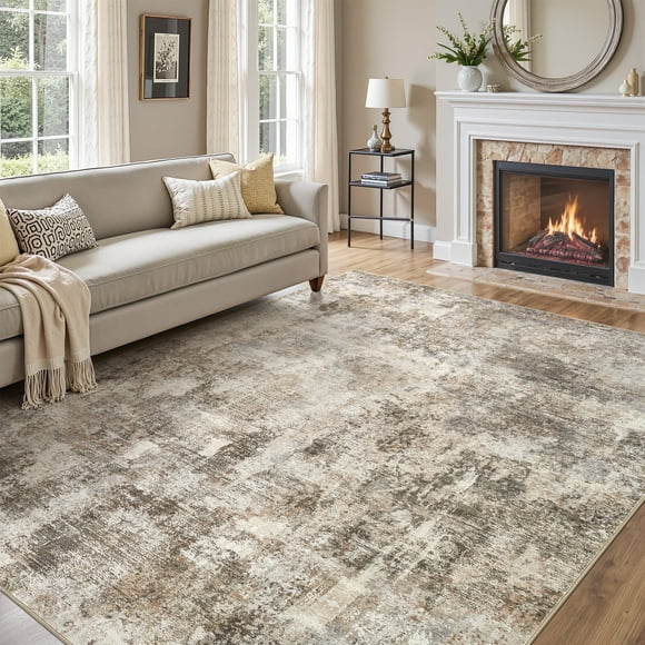UERMEI 8x10 Washable Area Rugs for Living Room, Modern Abstract Printed Rug, Vacuum-Friendly, Non Slip Indoor Rug for Bedroom Dining Room Home Decor Carpet, Dark Brown