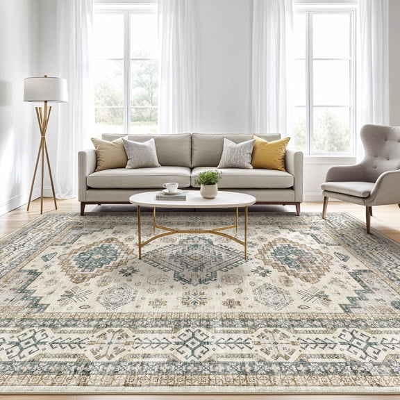 UERMEI 8'x10' Washable Area Rugs for Living Room, Modern and Vintage Non Slip Carpet, Low Pile Indoor Rug for Bedroom Home Decor Carpets, Beige Green