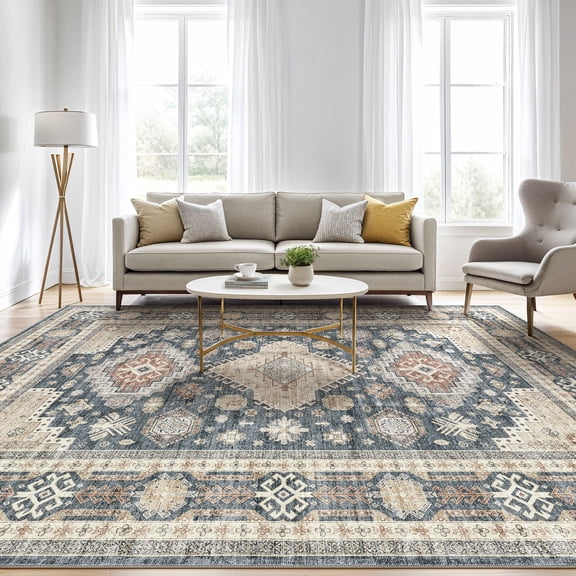 UERMEI 8'x10' Washable Area Rugs for Living Room, Modern and Vintage Non Slip Carpet, Low Pile Indoor Rug for Bedroom Home Decor Carpets, Blue Brown