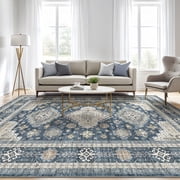 UERMEI 8x10 Washable Area Rugs for Living Room, Modern and Vintage Non Slip Carpet, Low Pile Indoor Rug for Bedroom Home Decor Carpets, Blue