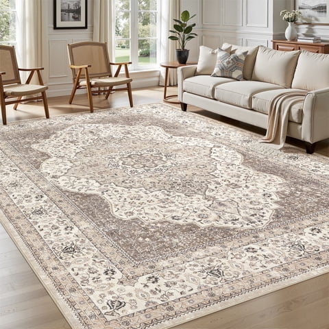UERMEI 8'x10' Washable Area Rugs for Living Room, Vintage Floral Boho Printed Carpet, Non Slip Indoor Rug for Bedroom Home Decor Carpets - Brown