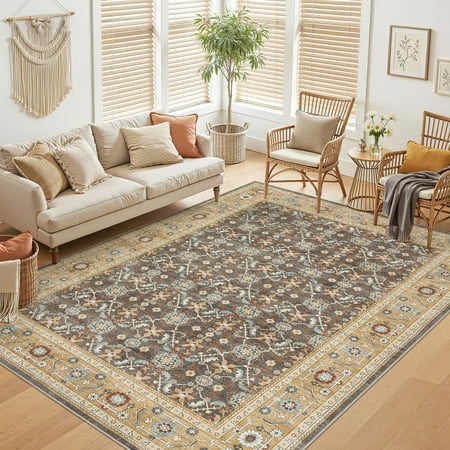 UERMEI 8'x10' Washable Large Area Rugs for Living Room,Vacuum Friendly, Non-Silp Low-Pile Rug for Bedroom, Boho Home Decor Carpets, Brown