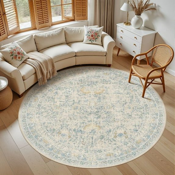 UERMEI 8'x8' Round Area Rugs for Living Room, Indoor Washable Rug, Floral Area Rugs for Bedroom Home Office Decor Dining Room Carpets, Non Slip Low Pile, Blue/Beige/Yellow(Distressed)