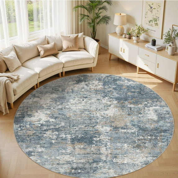 UERMEI 8'x8' Round Washable Area Rugs for Living Room, Modern Abstract Printed Rug, Vacuum-Friendly, Non Slip Indoor Rug for Bedroom Entryway Home Decor Carpet, Blue/Brown
