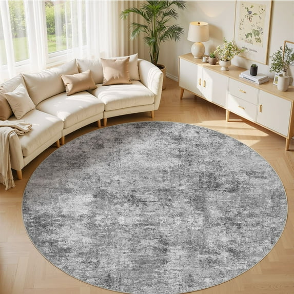 UERMEI 8'x8' Round Washable Area Rugs for Living Room, Modern Abstract Printed Rug, Vacuum-Friendly, Non Slip Indoor Rug for Bedroom Entryway Home Decor Carpet, Gray