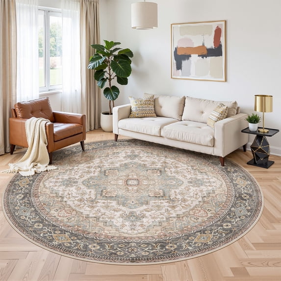 UERMEI 8'x8' Round Washable Area Rugs for Living Room, Vintage Floral Boho Printed Carpet, Non Slip Indoor Large Rugs for Bedroom Home Decor Carpets, Black/Sage/Brown