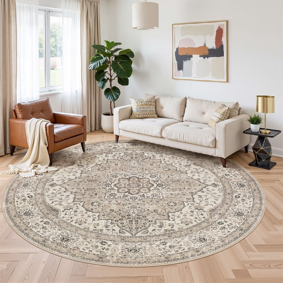UERMEI 8'x8' Round Washable Area Rugs for Living Room, Vintage Floral Boho Printed Carpet, Non Slip Indoor Large Rugs for Bedroom Home Decor Carpets, Brown