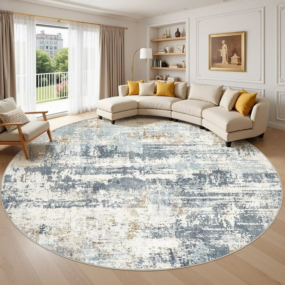 UERMEI 8'x8' Round Area Rugs for Living Room, Washable Non Slip Indoor Rug for Bedroom Home Decor Carpets, Modern Abstract Printed Carpet, Blue
