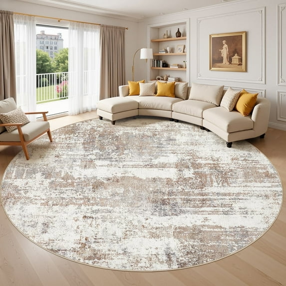 UERMEI 8'x8' Round Area Rugs for Living Room, Washable Non Slip Indoor Rug for Bedroom Home Decor Carpets, Modern Abstract Printed Carpet, Brown