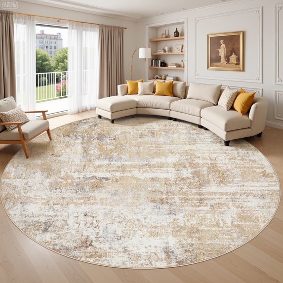 UERMEI 8'x8' Round Area Rugs for Living Room, Washable Non Slip Indoor Rug for Bedroom Home Decor Carpets, Modern Abstract Printed Carpet, Gray Gold