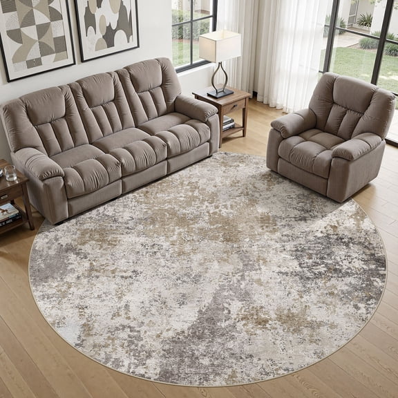 UERMEI 8ft Round Area Rug for Living Room, Washable Non-slip Soft Indoor Modern Abstract 8'x8' Round Rug for Bedroom Office Home Decor Carpet, Brown
